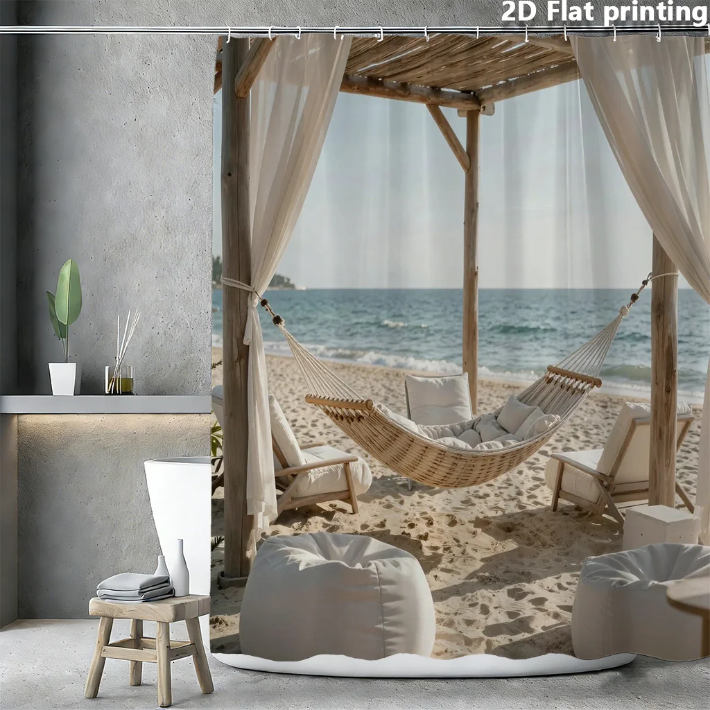 

Занавеска для душа Beach Oasis, 1 шт., полиэстер, 2D плоская печать, 70.8x70.8 дюймов, с изображением гамака и песка в мягких белых нейтральных тонах