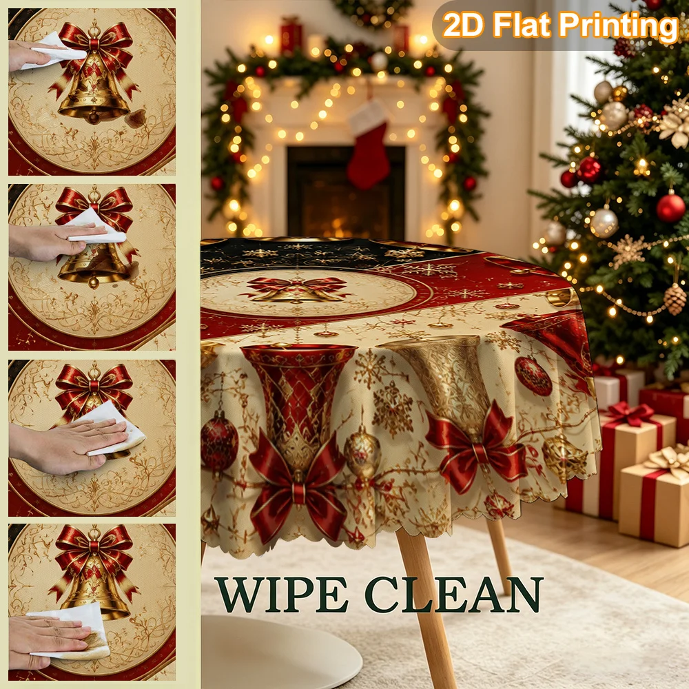 Christmas gift 2D flat 1 piece, decorated with gold red bell print round decorative tablecloth