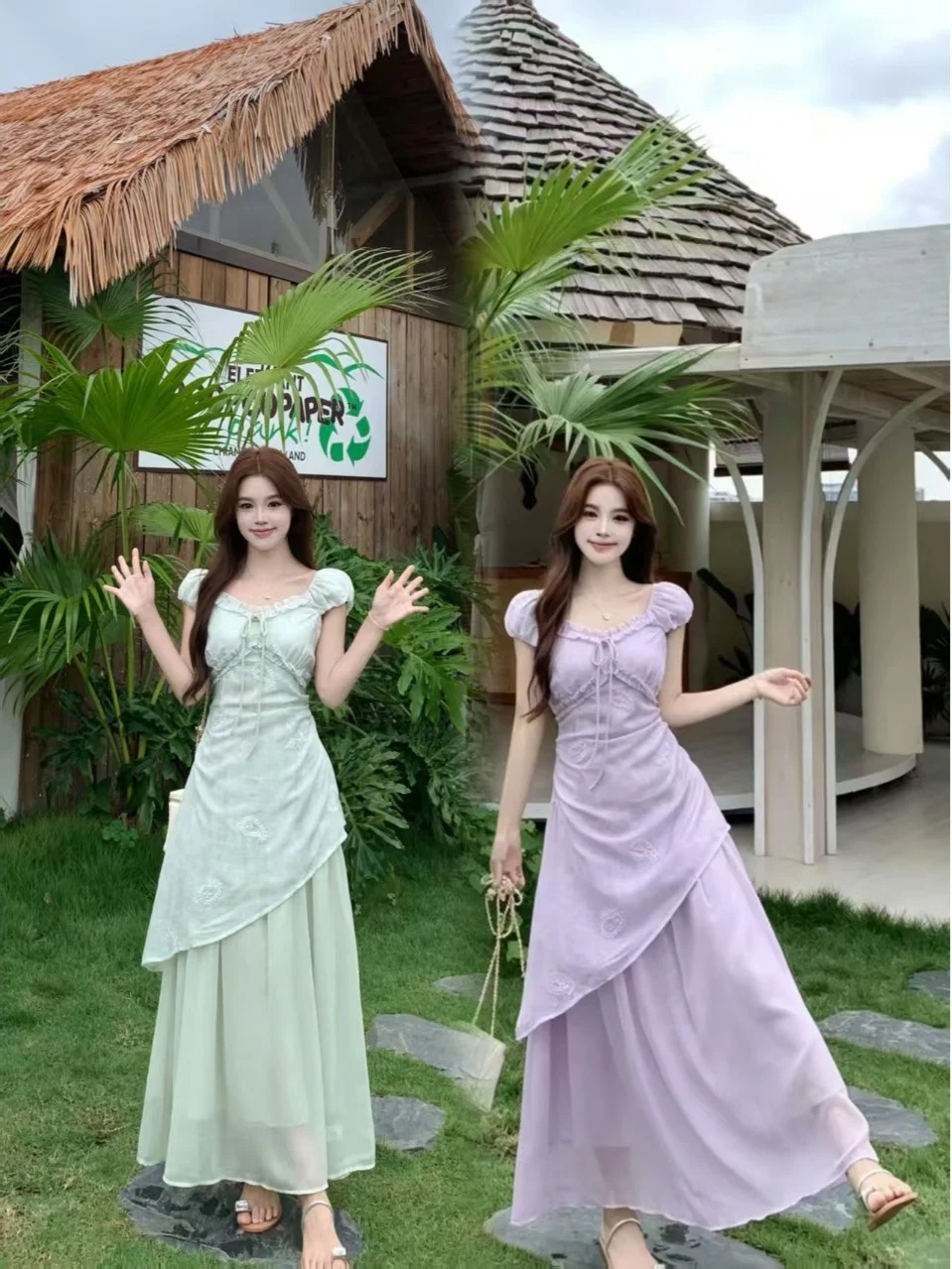 

plus Size Gentle Sweet Style Wooden Ear Fake Two-Piece Fat MM Dress Summer Slimming Waist-Cinching Belted Long Women's Dress