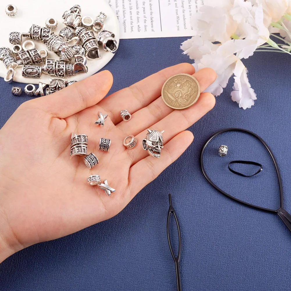 Column Skull Alloy European Loose Beads Metal Beard Beads with Elastic Hair Bands Tail Comb Quick Hair Pin Tool