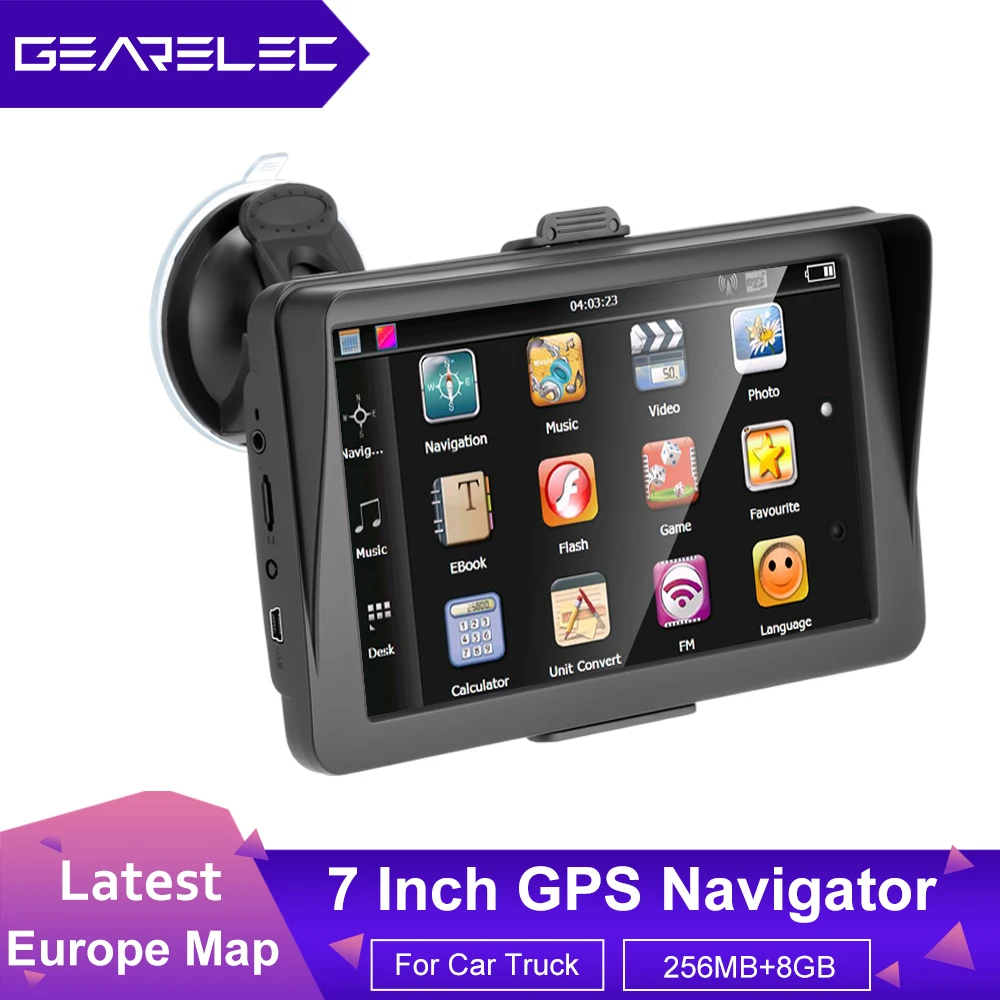 GEARELEC 7 Inch GPS Navigation for Car Truck GPS Navigator with Sunshade Latest Europe Map Sat Nav 256M+8G FM Music