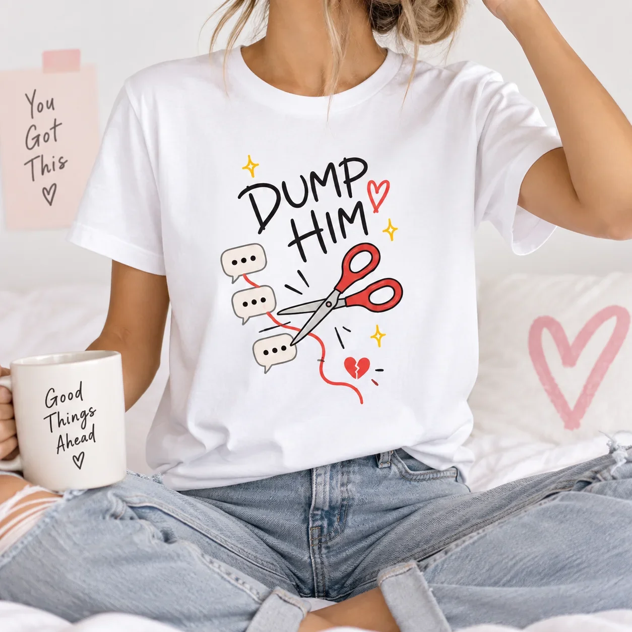 Heavyweight Cotton Funny Women Oversized T-Shirt Dump Him Scissors Graphic Y2K Breathable Casual Streetwear Clothes