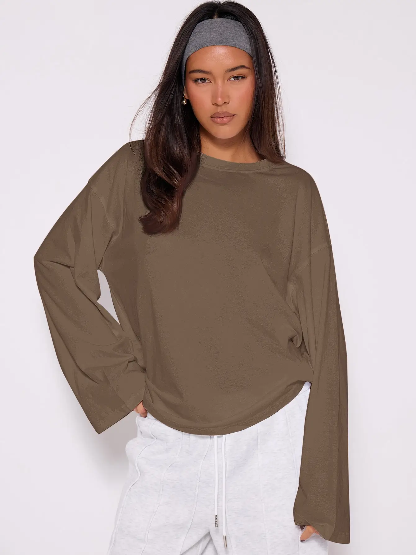 Womens Oversized Long Sleeve T Shirt Clean Girl Minimalist Neutral Crewneck Pullover Tee Blouse Solid Earthy Mocha Brown Color Drop Shoulder Wide Sleeves Slouchy Drape Loose Fit For Spring Autumn Vacation Street Outfits Thanksgiving Christmas Gift