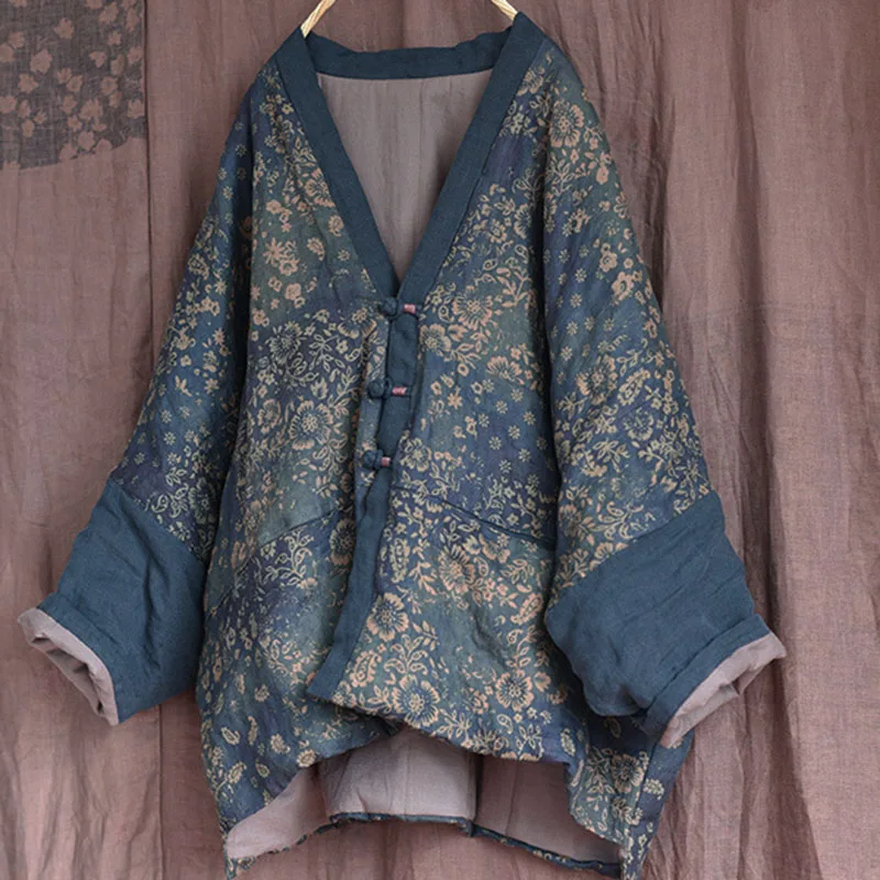 Women's High-quality linen Autumn Hanfu Jacket Lightweight Thin Quilted Outwear Open Front Vintage Printed Patchwork Short Coats