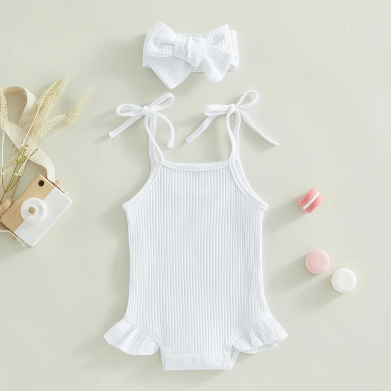 Infant Girls Romper Solid Color Knitted Ribbed Tie-Up Spaghetti Straps Sleeveless Ruffles Baby Bodysuits with Headband 2PCS