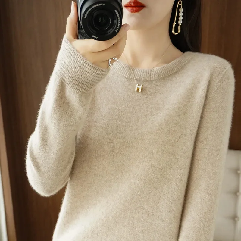 100% ميرينو الصوف محبوك سترة الخريف/الشتاء 2025 جديد المرأة الجولة الرقبة الجوف أعلى 11 لون البلوز معطف متعدد الاستخدامات