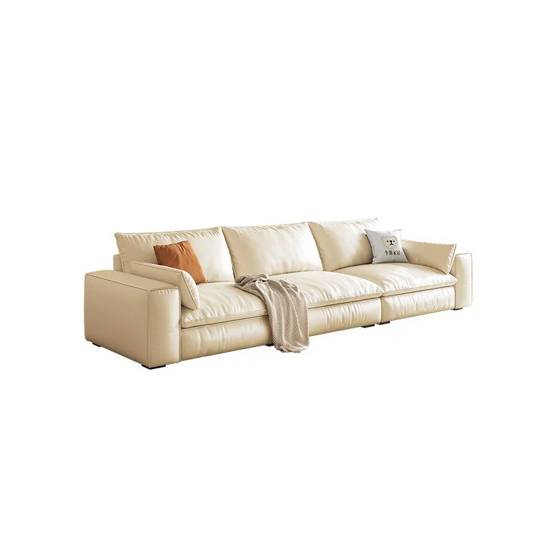 Tofu block sofa, light luxury cream style simple modern living room high backrest leather sofa