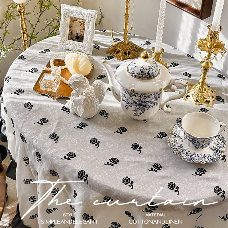 Rectangular Tablecloth for Home Decor, French Romantic Tablecloth, Retro Embossed Black Rose, Diningtable, Coffee, Yarn