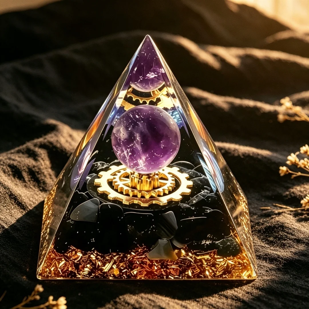 Amethyst Sphere Orgone Pyramid Obsidian Crystal Energy Orgonite Healing Stone for Reiki Protection Meditation Home Office Decor