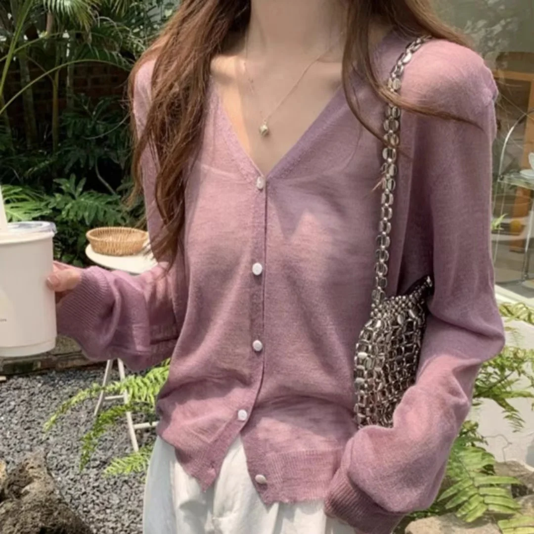 Button Down Knitted Cardigan for Women Long Sleeve V-neck Lightweight Blouse Spring Summer Cover-up Fairycore Tops view 4