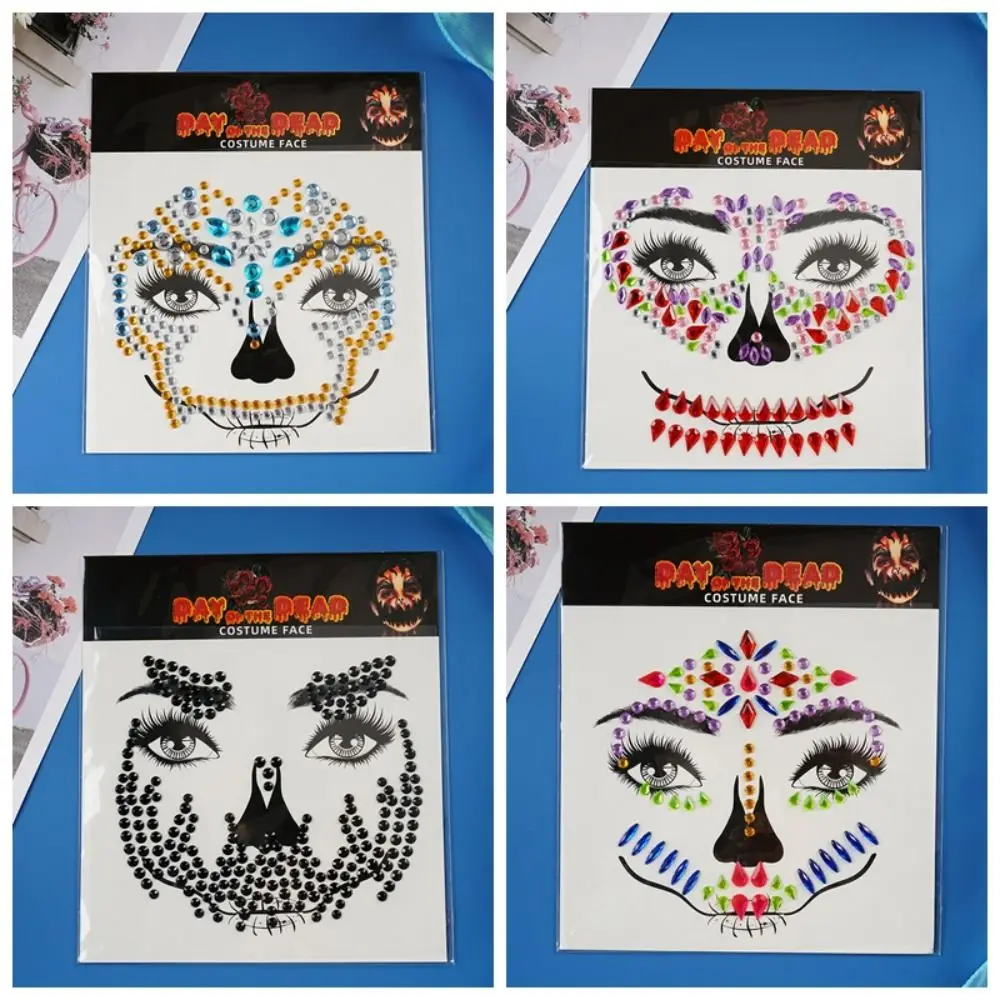 مضحك حجر الراين الوجه ملصق ملون كريستال DIY هالوين وهمية الوشم تأثيري الدعائم مهرج ماكياج الجمجمة الوجه ملصق