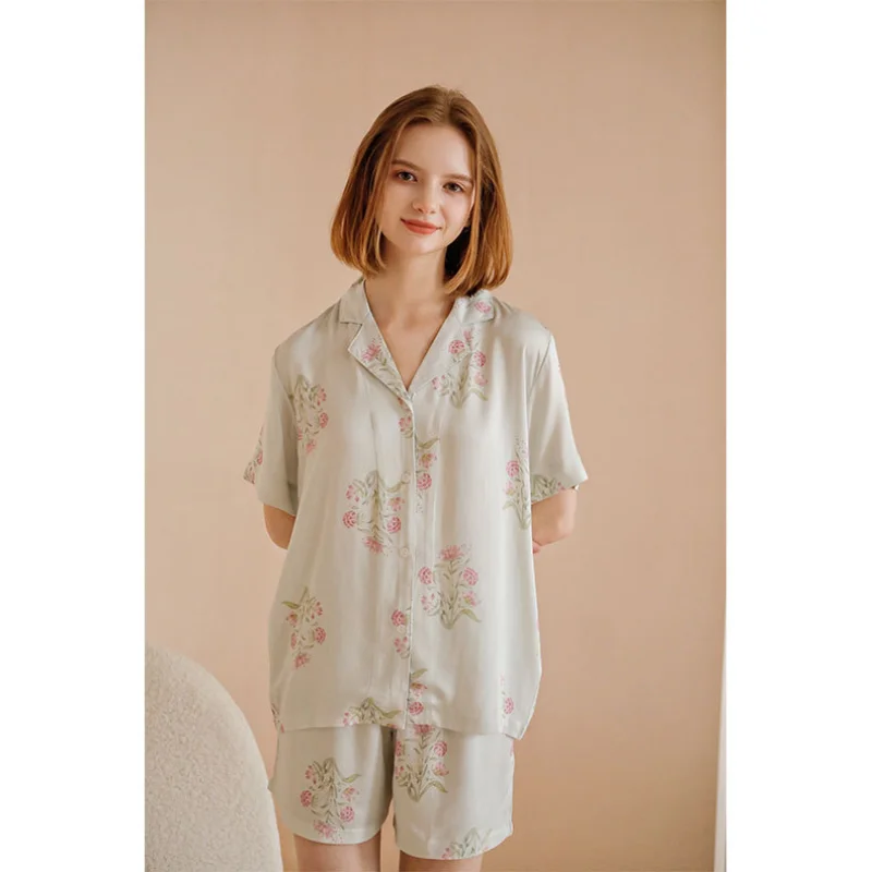 2023 Green Printing Satin Women\'s Short Sleeve Shorts Pajamas Comfortable Casual Home Loungewear Viscose Turn-down Collar pijama