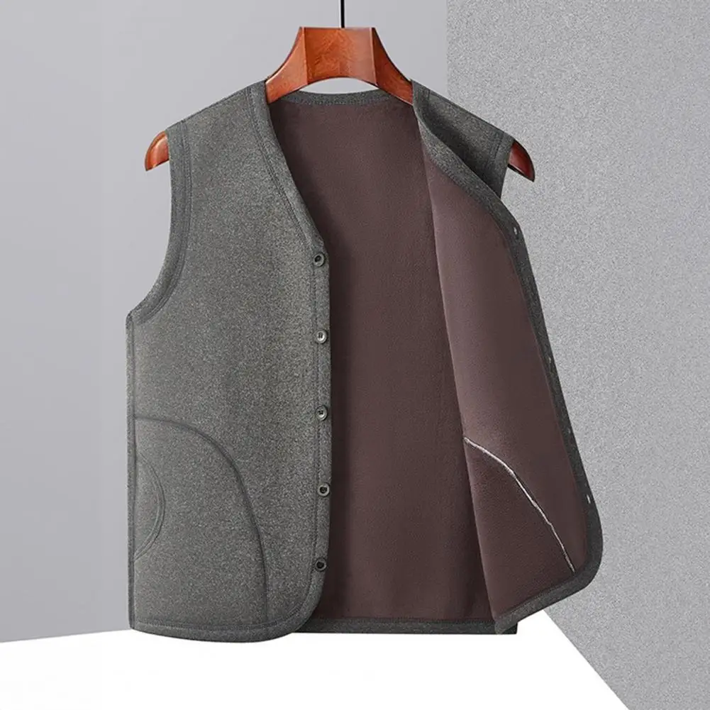 Men Winter Vest Coat V-Neck Sleeveless Single-Breasted Waistcoat Solid Color Thickened Velvet Lining Bottoming Tops