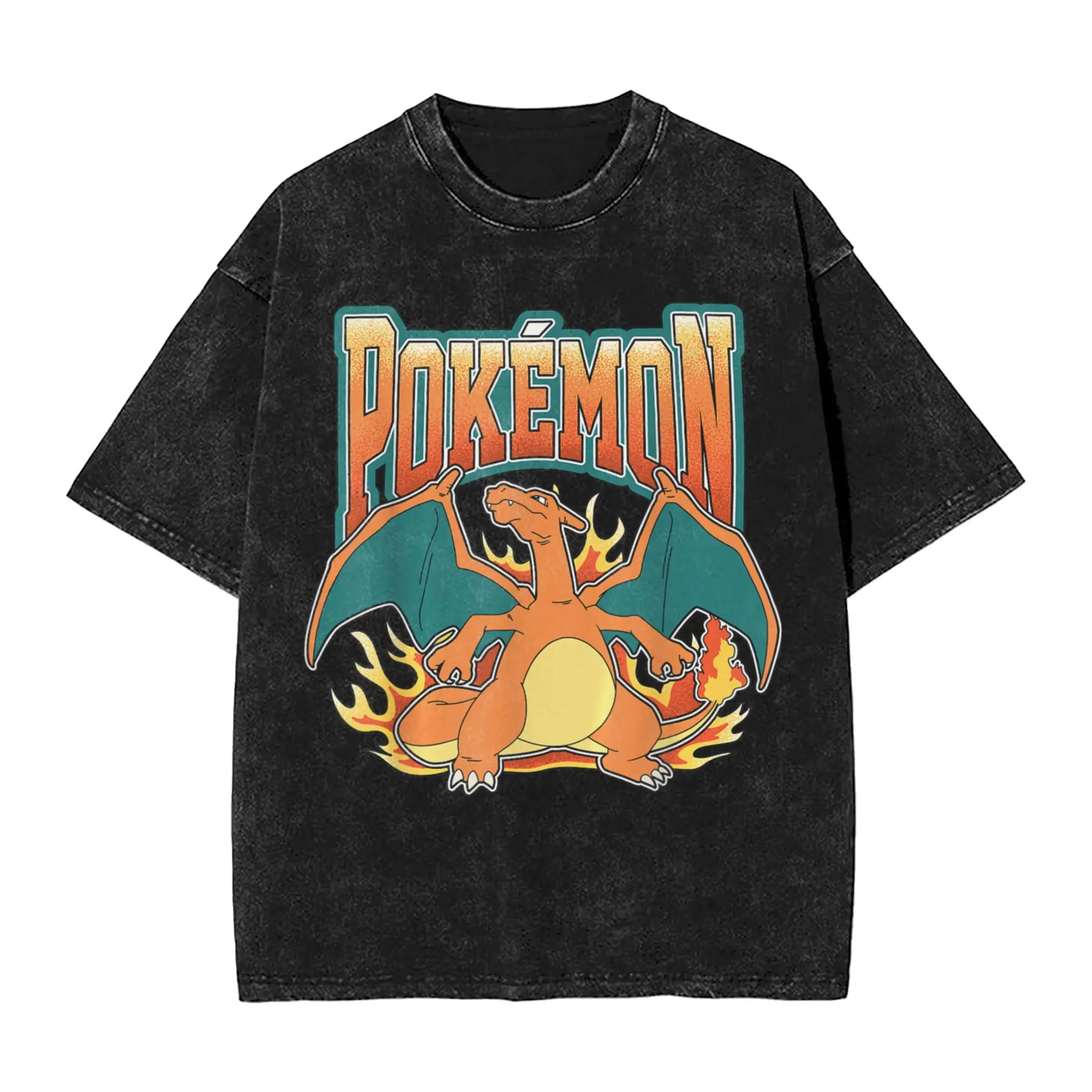 Camisetas Charizard Tipo Fuego, Estilo Hip Hop, Lavadas, Manga Corta, Oversize, Pokémon, para Hombre y Mujer, Ropa Urbana, Tops de Verano