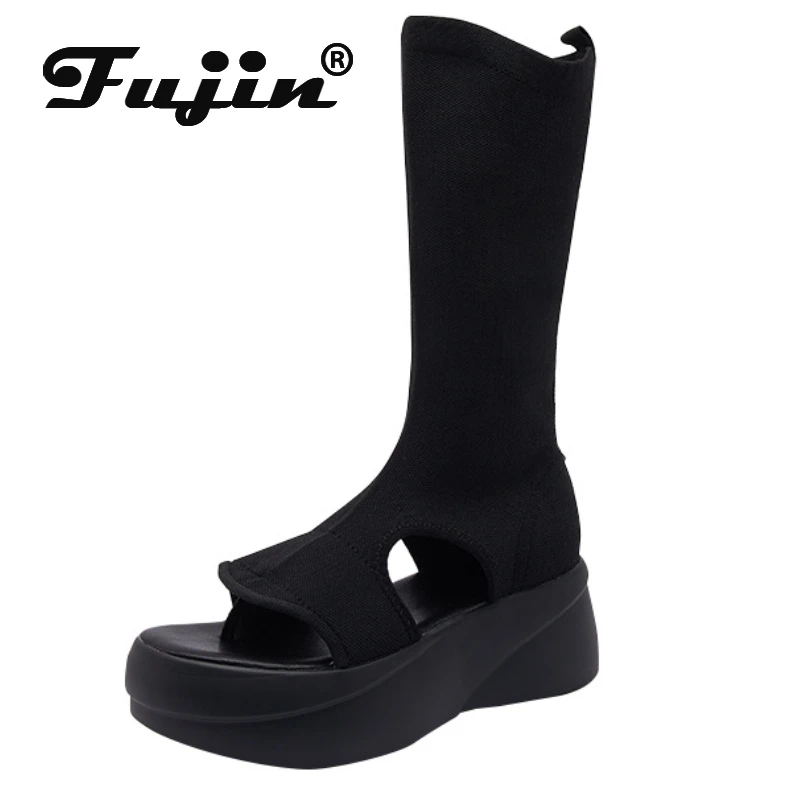 Fujin 6cm Cloth Streth Fabric Wedge Platform Casual Sneakers Ankle Knee High Booties Summer Fashion Peep Toe Women Slip on Shoes