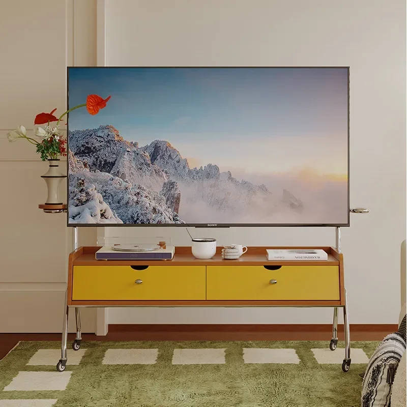 Medieval style living room TV rack, small apartment bedroom retro floor wabi sandy wind mobile monitor TV rack