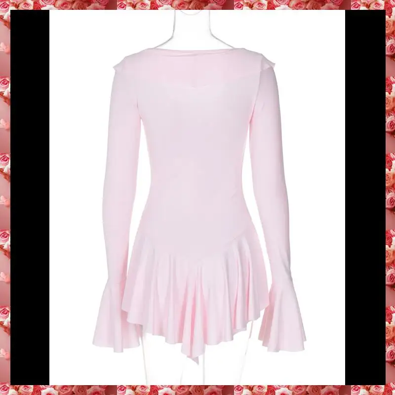 Vestido feminino de manga comprida com decote em V, ombro de fora, babado, em camadas, bodycon, mini vestidos