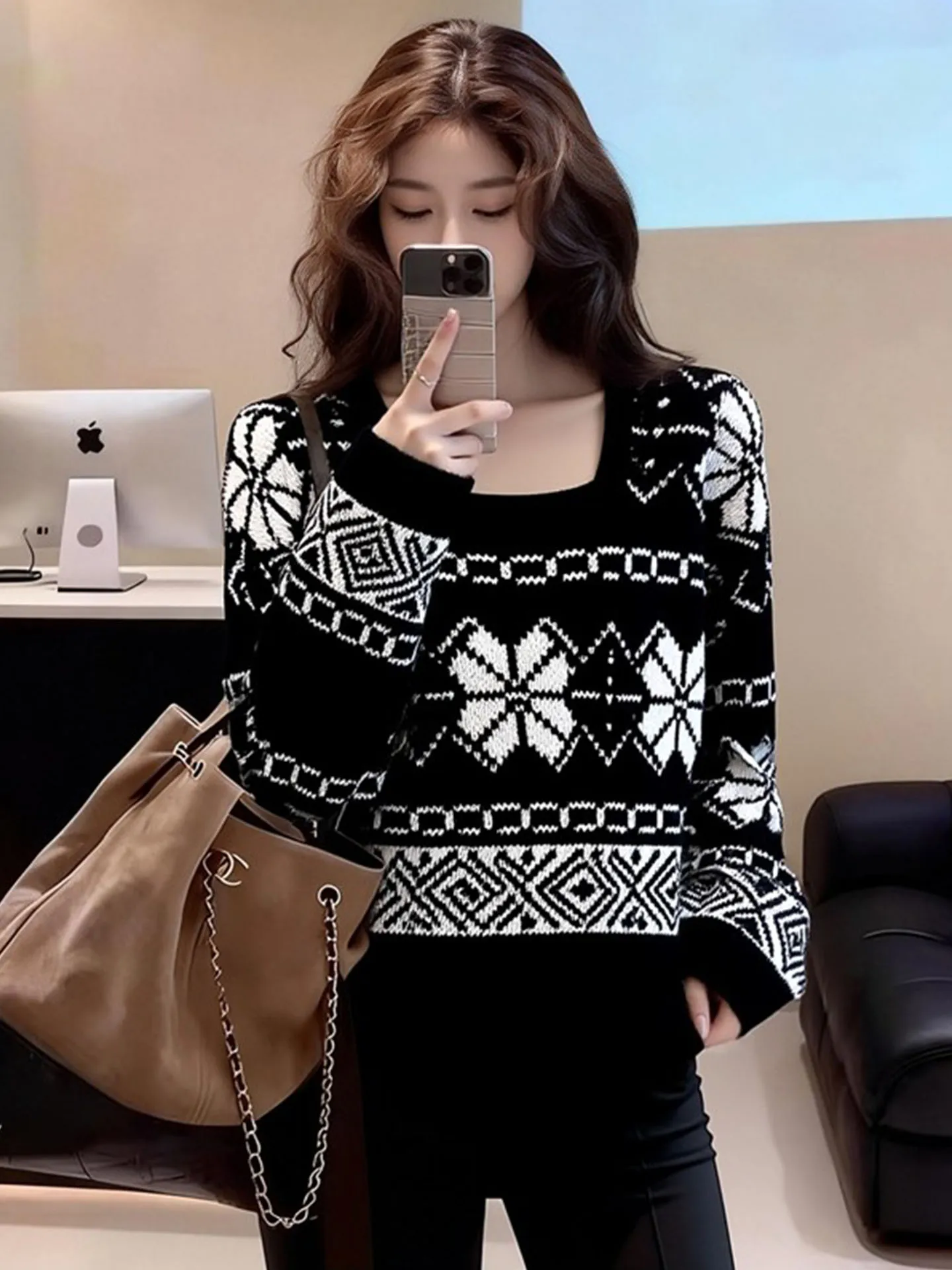 

Bla Knitted Sweater Women's Spring New Sle Faionable Floral Embroidery Overhead Top High Quali Loose Fit Long Sve