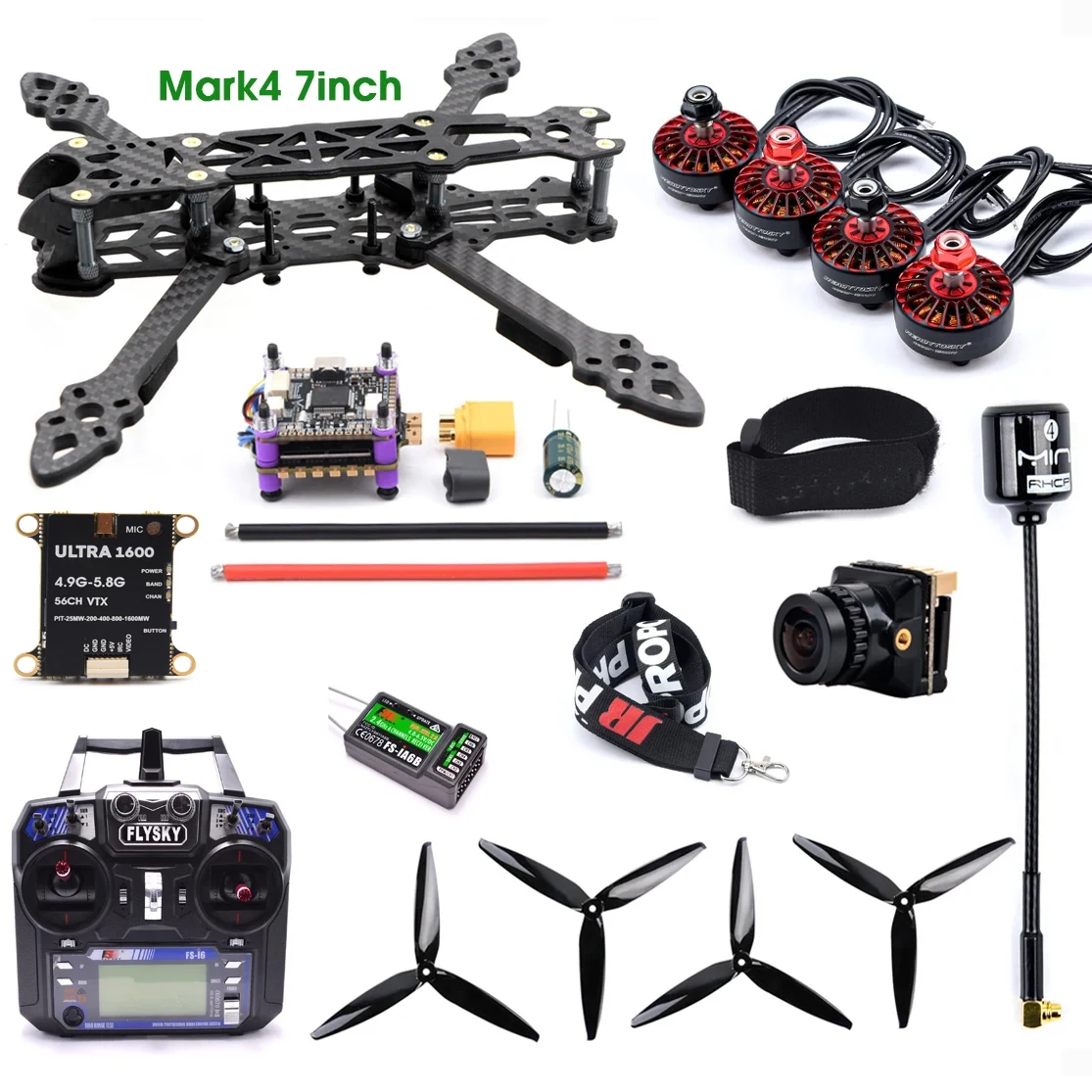 

Mark4 7inch 295mm Carbon Fiber Frame F4Flight Control 60A 4in1 ESC 2207 1800KV Motor 1.6W 5.8GHZ 56CH Flysky i6