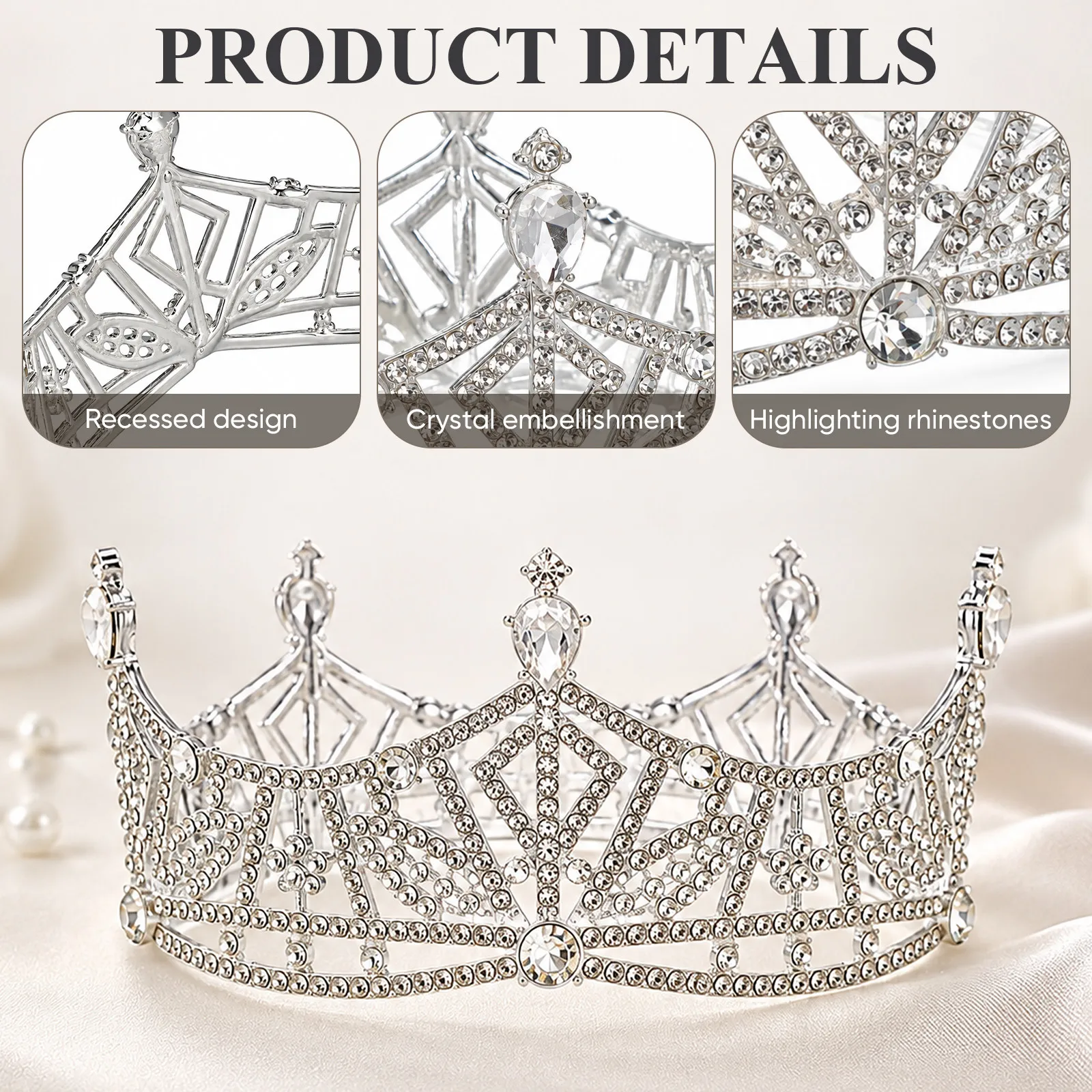 Retro Alloy Large Round Rhinestone Crown Bridal Headwear Wedding Crown for Women Engagement Elegant Style Bridal Headwear