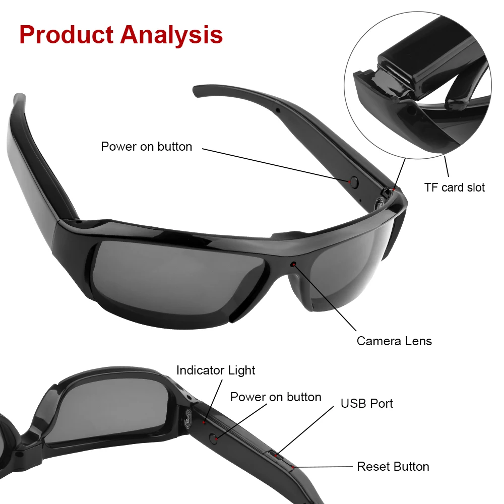 Mini videocámara HD 1080P con auriculares Bluetooth, gafas de sol polarizadas, cámara deportiva, conducción, ciclismo, grabadora de vídeo