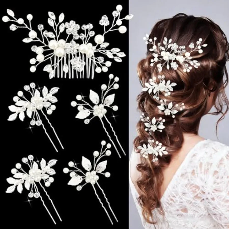 

5 Pcs Bridal Hair Accessories Set Pearl Crystal Wedding Hair Pins Hair Comb with Vintage Leaf Design Elegant Headpiece for Brid