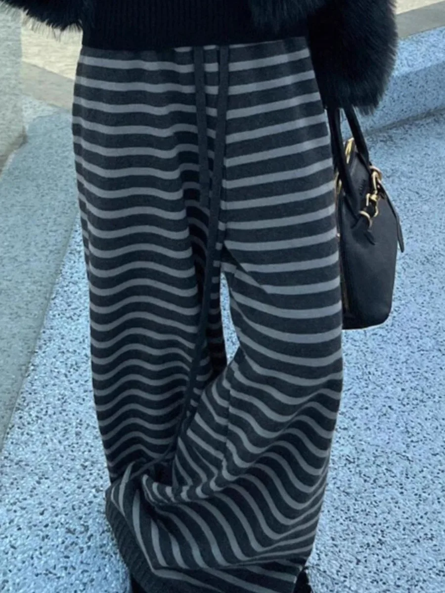 Laid-ba sle calças de perna larga feminina outono inverno solto ajuste corte reto calças de malha arroz macarrão até o chão