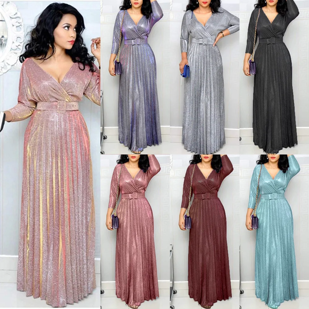 

Elegant Party Dresses For Women Low Cut Sequined Gown Dress With Belt Nine Point Sleeve Ruffle Hem Flowy Long Dress Plus Size