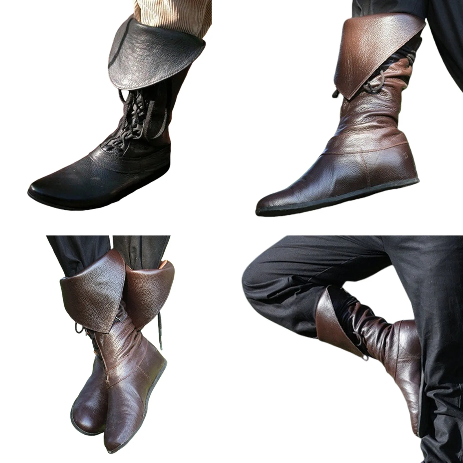 Flache Schnürsenkel mittelalterliche Herren Leder Schnürstiefel Wikinger Pirat Steampunk Reiten lange Stiefel für Halloween Party