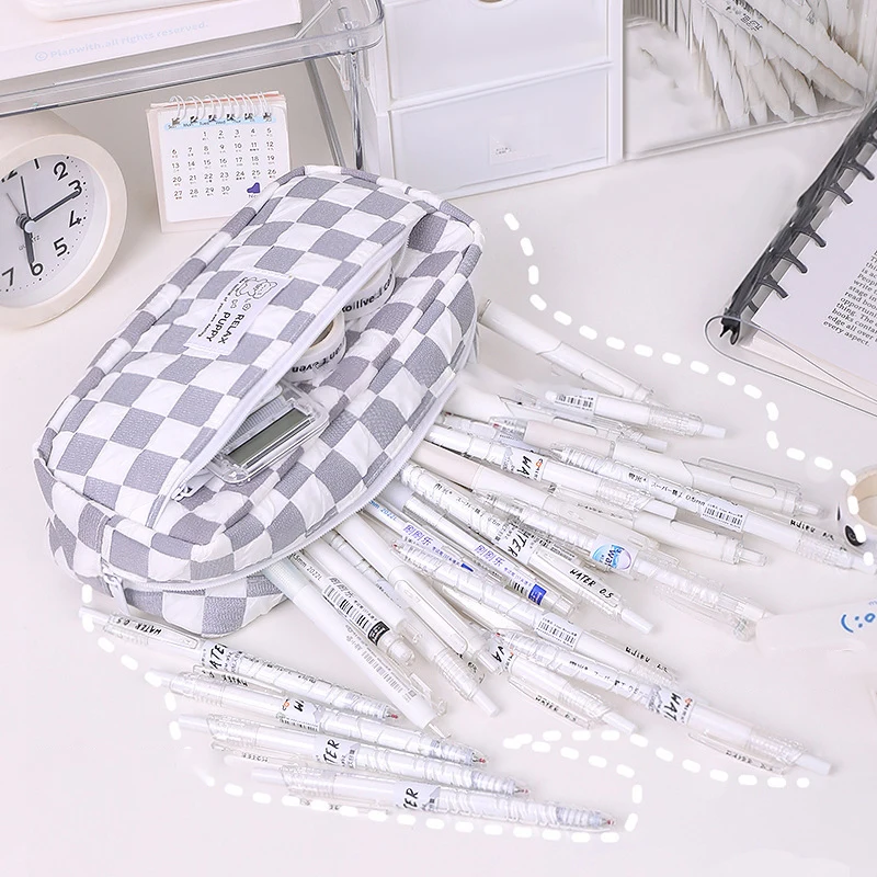 Large Capacity Checked Pattern Pencil Case Simple Multifunctional Pen Storage Bag Fashion Cute Pencil Box School Supplies