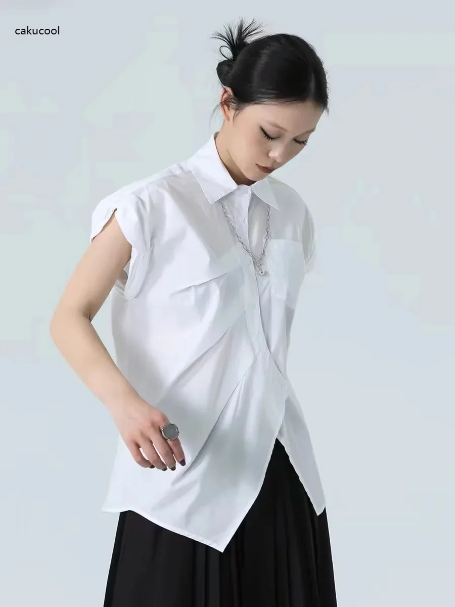 

Cakucool Summer Pure White Asymmetric Blouse Sleeveless Pleated Women Blouse Shirt Korean Designer Office Lady Blusa Tops