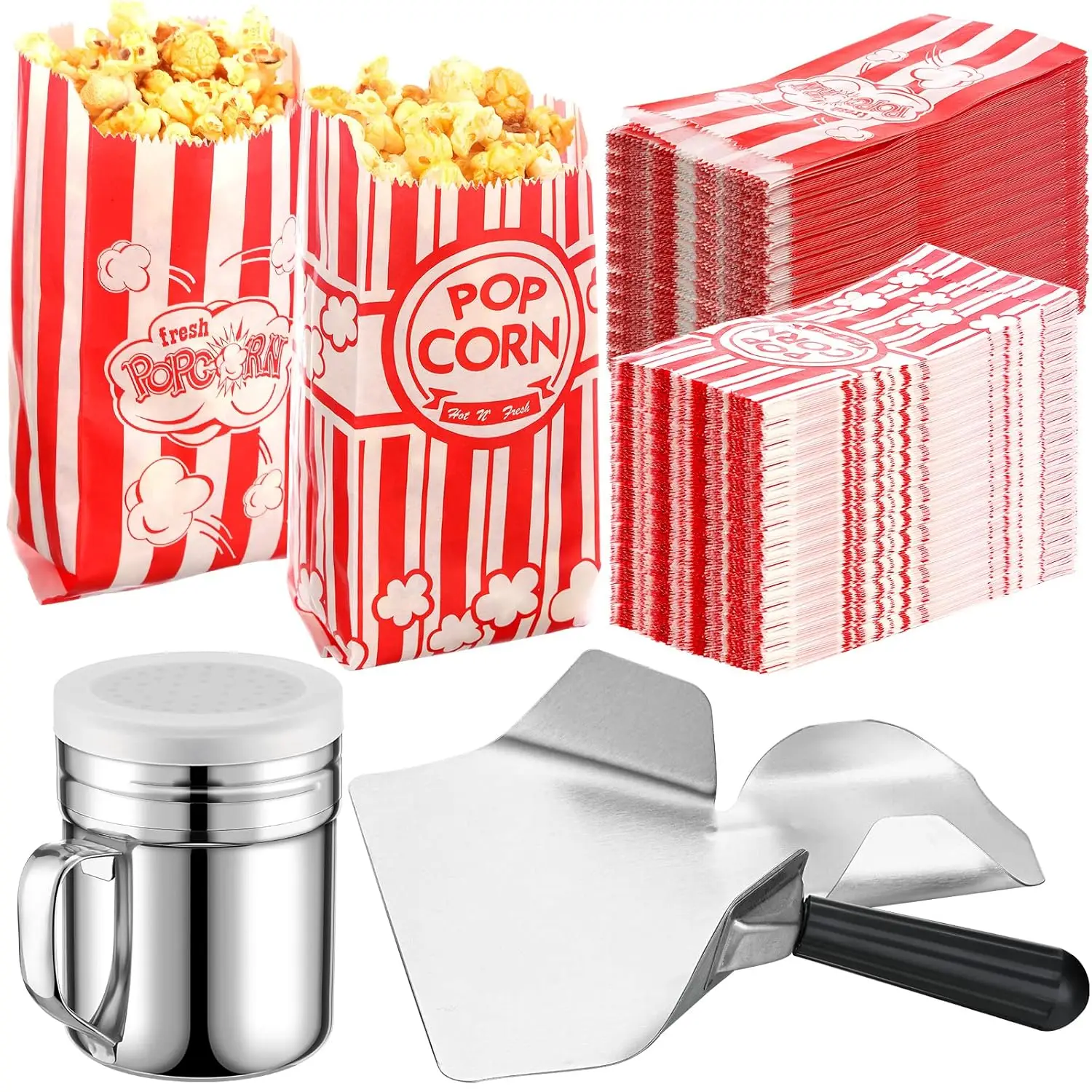 

602 Popcorn Machine Supplies Set Sifting Speed Stainless Steel Popcorn Scoop Salt Shaker 600 Pcs 2 Styles 1 oz Bags Seasoning Dr