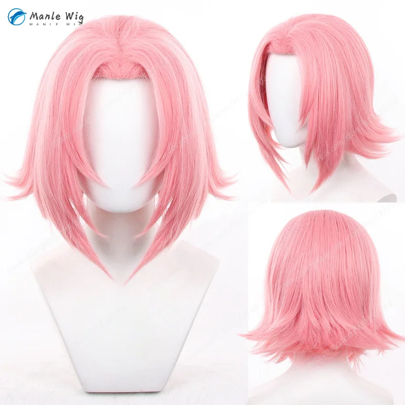 Anime Haruno Sakura Wig Pink 35cm Short Women Cosplay Anime Wig Quality Hair Heat Resistant Hair Halloween + Free Wig Cap