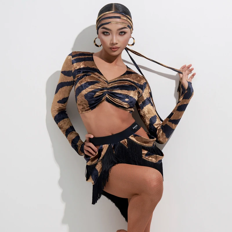 2025 Latin Dancer Outfits For Women Long Sleeved Crop Tops Tassel Skirts Suit Adult Female Chacha Rumba Latin Dance Clothing