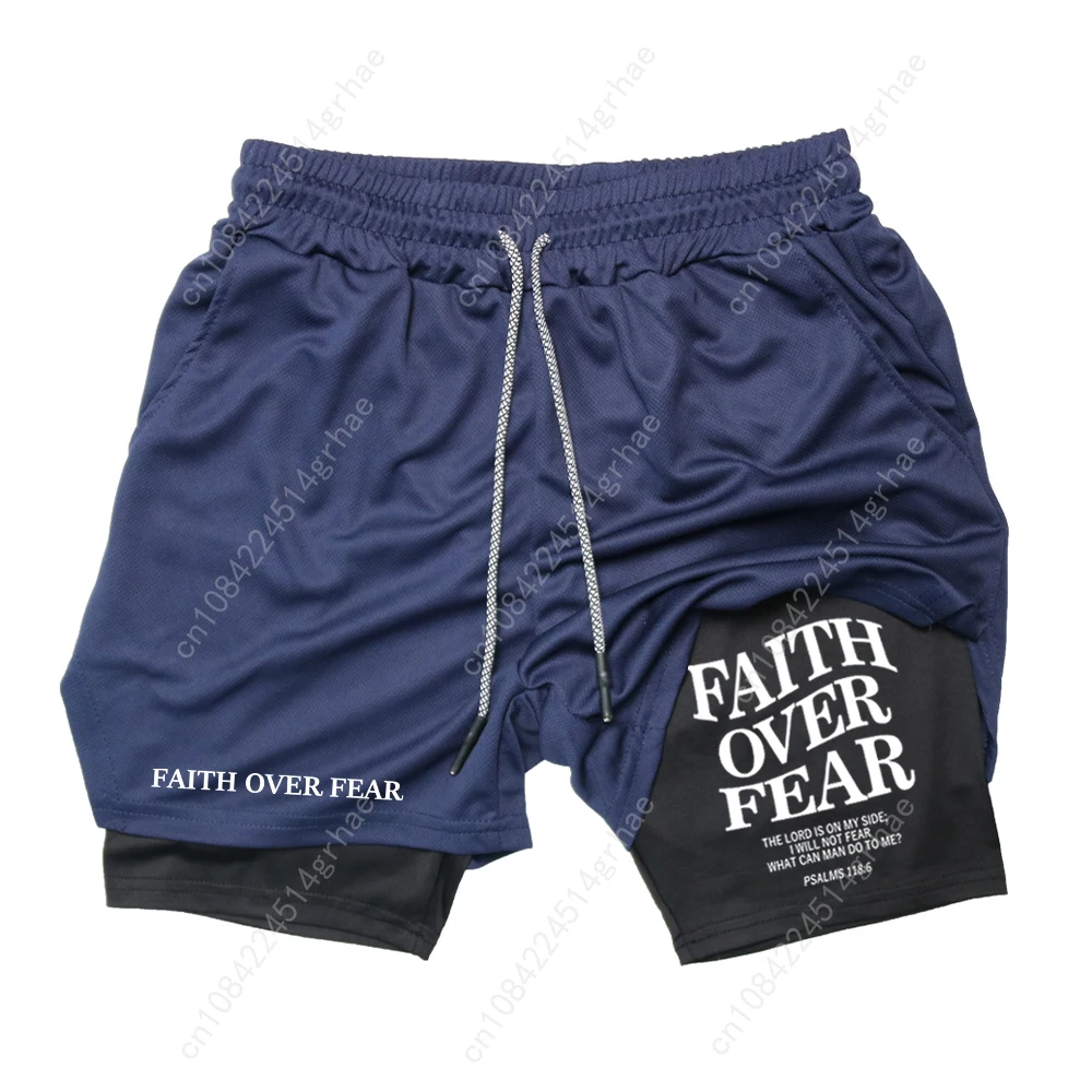 Men's Workout Running Shorts Dual Layer Summer Athletic Faith Over Fear Letter Print Shorts For Training Outdoor Sports Summer