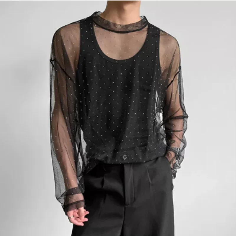 Original stage gender-neutral star-shaped rhinestone embellished blouse with long sleeves and see-through fabric, netted night c