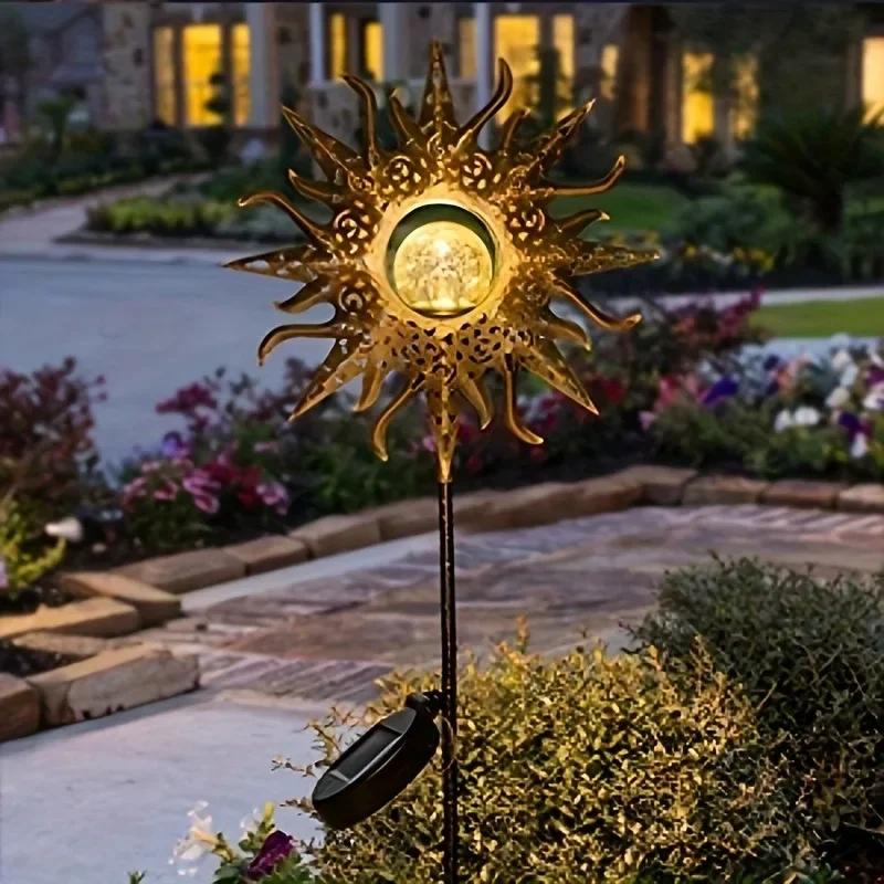 1PC พลังงานแสงอาทิตย์รูปปั้นดวงอาทิตย์ Light, Cracked Glass Ball LED Garden Decor-IP65 กันน้ําสําหรับ Courtyard/สนามหญ้า/ลาน/เส้นทาง (Warm White)