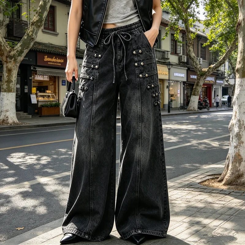 Vintage Streetwear Women Denim Wide Leg Pants Elastic Drawstring Waist Multi Rivet Pockets Loose Flare Trousers Black Washed Fas
