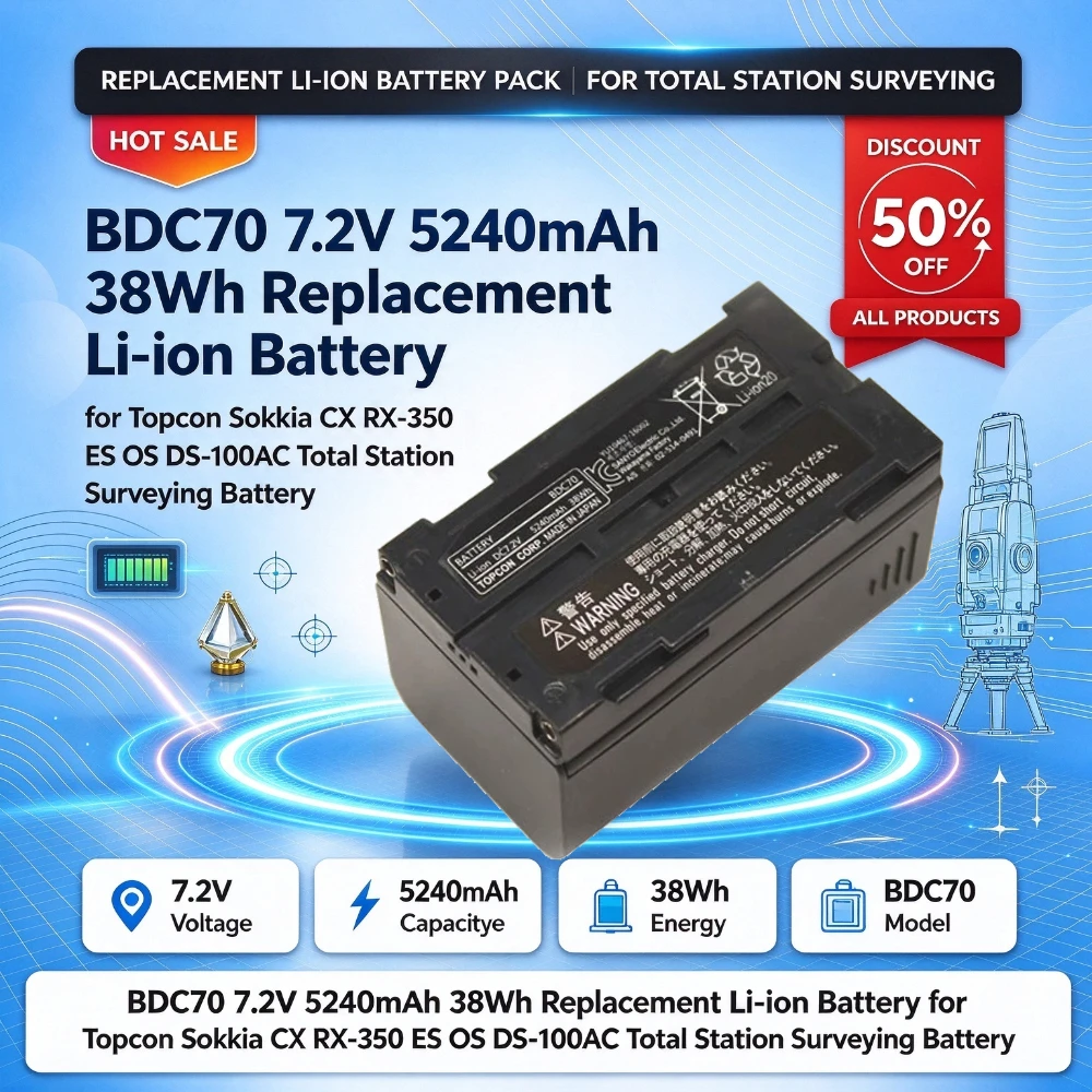 BDC70 7.2V 5240mAh 38Wh Replacement Li-ion Battery for Topcon Sokkia CX RX-350 ES OS DS-100AC Total Station Surveying Battery