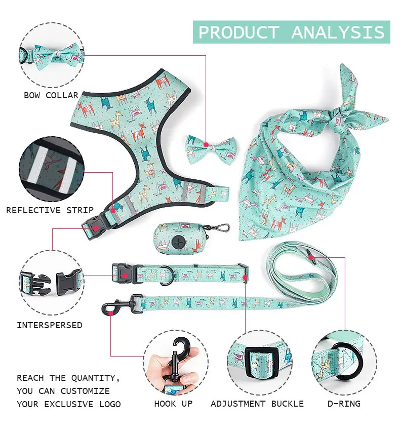 Wholesale Pet Harnesses Custom Logo Polyester Dog Harness Sets Luxury Adjustable Reflective Pet Dog Leash Harness Sets