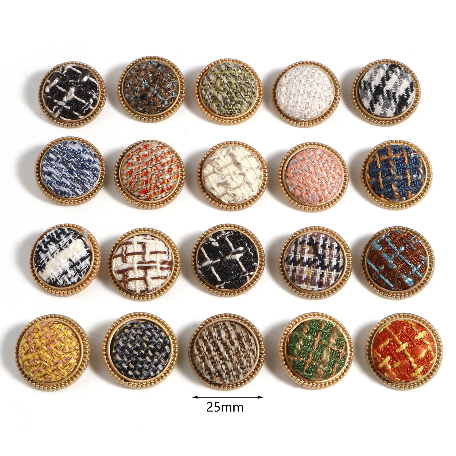 5pcs Tweed Plaid Fabric Covered Metal Gold Buttons Round Shank Buttons Patchwork Sewing DIY Cardigan Clothes Garment Accessory
