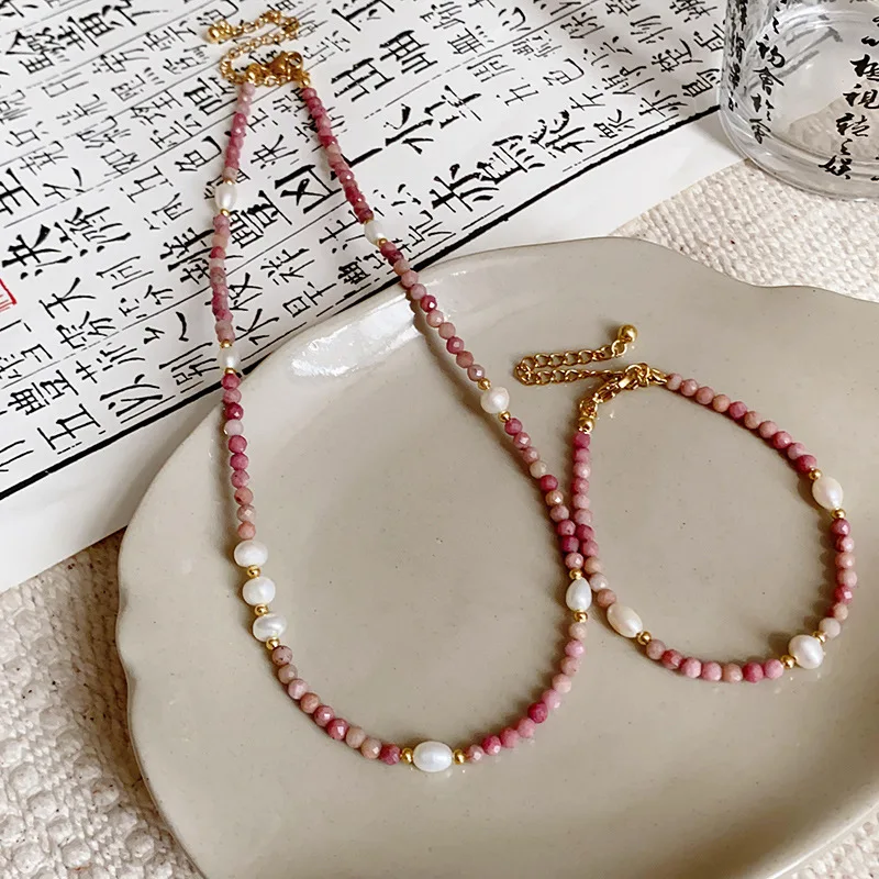 Titanium Steel Rhodonite Freshwater Pearl Bracelet Contemporary Zen Chinese Style Elegant Adjustable Closure Energy Jewelry Gift