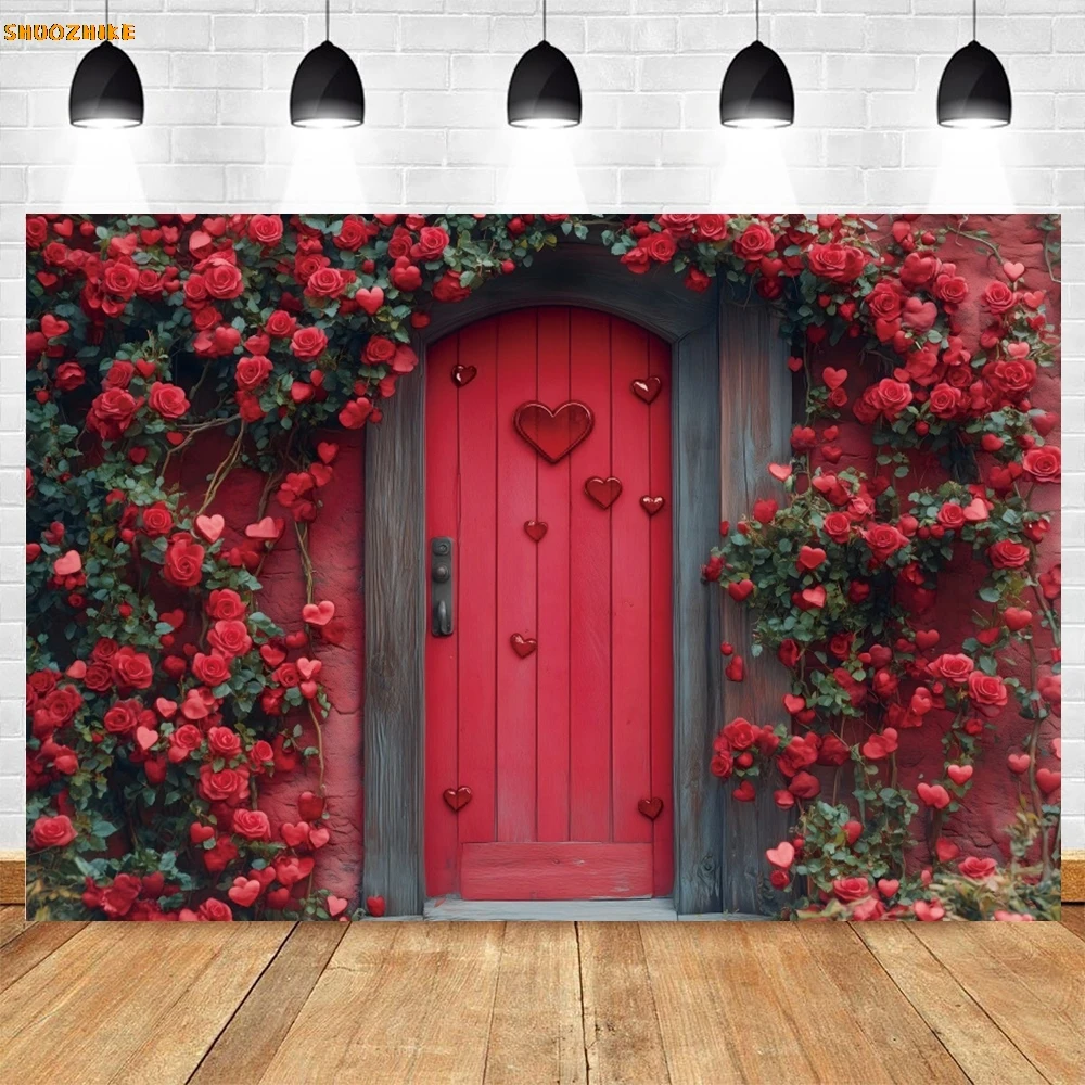 Fondo romántico del Día de San Valentín flor rojo amor corazón casa puerta de madera pareja retrato boda fiesta fotografía fondo