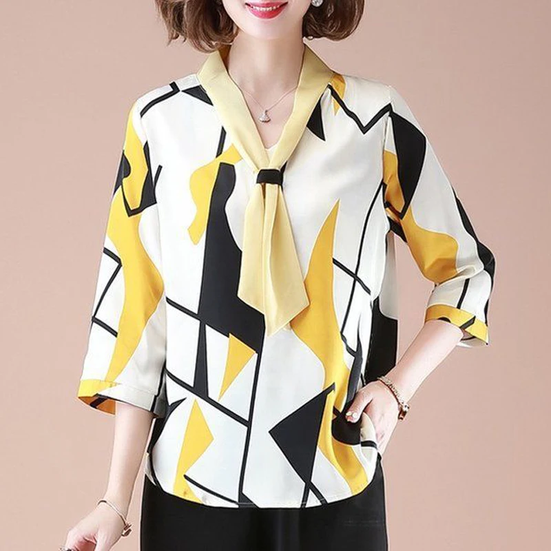 Elegant Fashion Bow Tie Print V Neck Loose Top Blouse 2023 New Spring Summer Casual Three Quarter Sleeve Shirts for Women Blusas