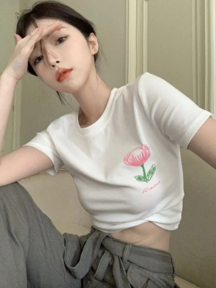 Short-sleeve T-shirts Women Crop Tops Floral Chic Hip Hop Ulzzang Streetwear Slim All-match Teens Basic Students Y2k Fashion Hot