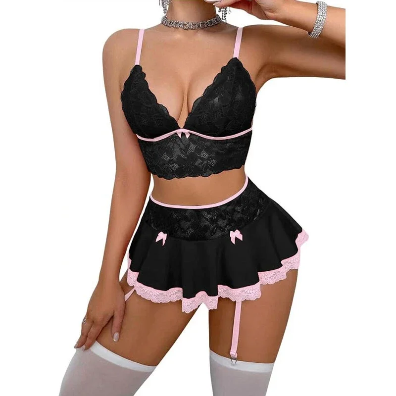 Hot Cosplay Uniform Open Bra Fantasy Miniskirt Nightwear Garter Bra Sets Sexy Costumes Women's Outfit Lingеrie Set Exotic