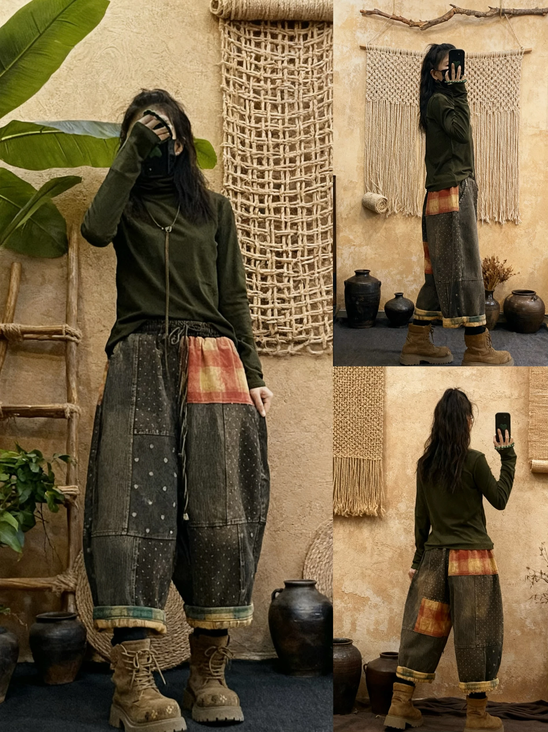 

Retro Distressed Wide Leg Denim Pants Women Winter New Loose Personality Color Block Straight Cut Eighteen Pants