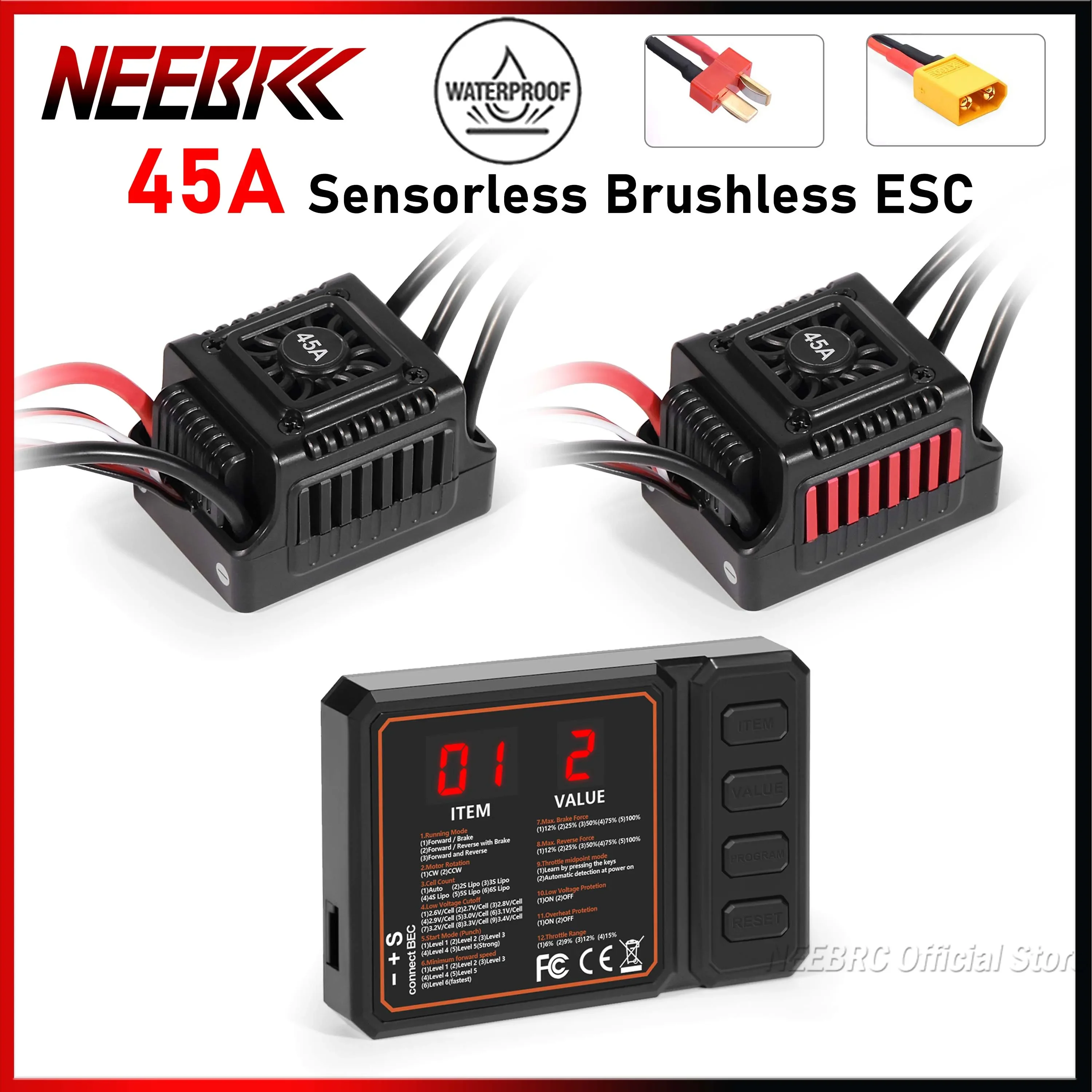 

NEEBRC 45A 1/10 RC Car Sensorless Brushless ESC BEC Waterproof T/XT60 2-3S for Off-road Crawler Monster Buggy Truck On-road Part