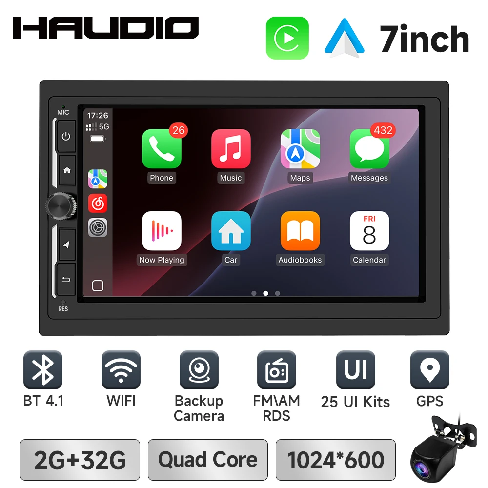 

Haudio Double Din Car Stereo, 7" Car Radio with Wireless Carplay/Android Auto/BT 4.1/Backup Camera/Mirror Link/WiFi/FM/AM/RDS