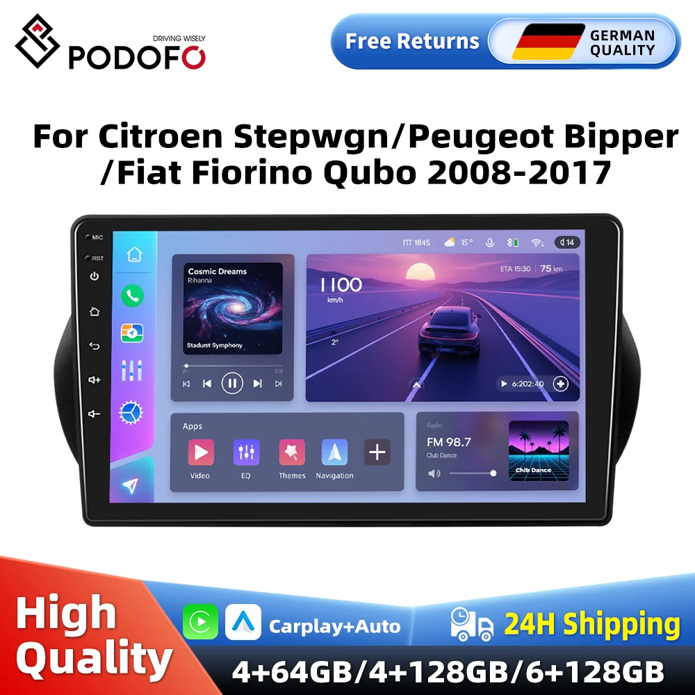 Autoradio Android CarPlay Podofo pour Citroen Nemo/Peugeot Bipper/Fiat Fiorino Qubo 2008-2017 2 DIN GPS FM Stéréo